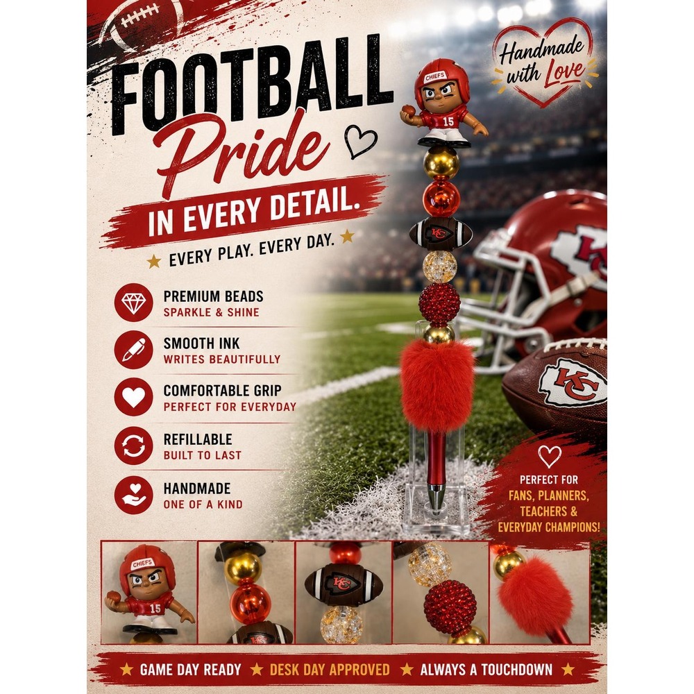 KC Football Inspired Beaded Pen | Handmade Refillable Pen | Coach Gift